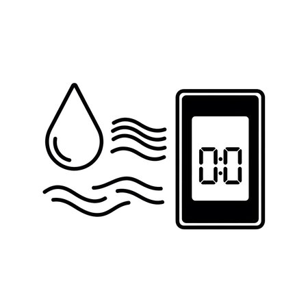A black and white illustration depicts a digital timer with a zero reading next to a water droplet and wavy lines symbolizing moisture or humidity. The style is simple and minimalist.のイラスト素材