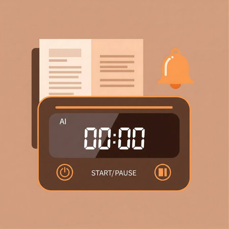 A flat design illustration depicts a brown digital timer displaying 00:00, accompanied by an open beige document and a gold bell icon against a light brown background. The style is simple and minimalist.のイラスト素材