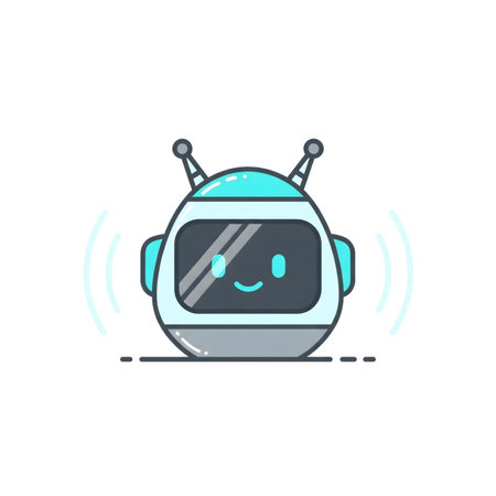 A cheerful cartoon robot with teal and white coloring is depicted emitting wave signals It has a simple design with antennae and a smiling face The style is minimalist and friendlyのイラスト素材