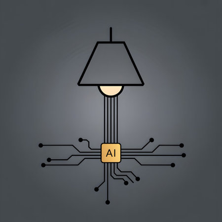 A minimalist illustration depicts a gray table lamp connected to a stylized gold AI circuit board against a dark gray background.  The design is clean and geometric with simple lines.のイラスト素材