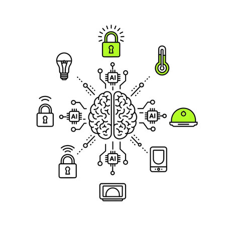 A line art illustration depicts a human brain centrally located and connected to various smart home...