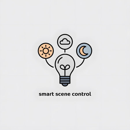 A minimalist illustration depicts a lightbulb connected to icons representing the sun moon and cloud suggesting smart scene control The color palette is soft pastels with clean lines and a simple designのイラスト素材
