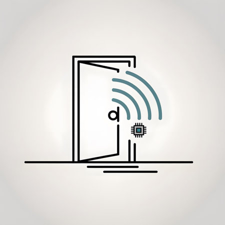 A minimalist line art graphic depicts an open door with a teal wireless signal emanating from a small gray microchip. The style is simple and clean using black lines on a white background.のイラスト素材