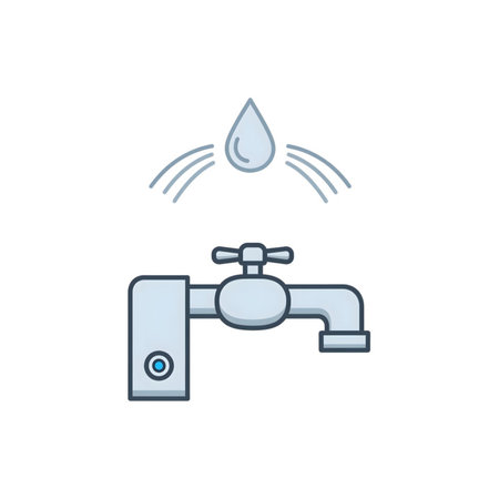 A simple illustration depicts a light blue water faucet connected to a small light blue smart water meter A single water drop falls above the faucet with three curved lines suggesting water flow. The style is minimalist and clean.のイラスト素材