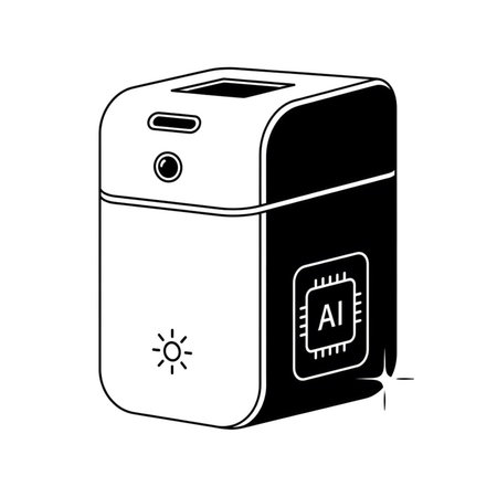Isometric view of a compact device featuring a camera lens, AI chip symbol, and sun icon rendered in a simple black and white line art style against a white background.のイラスト素材