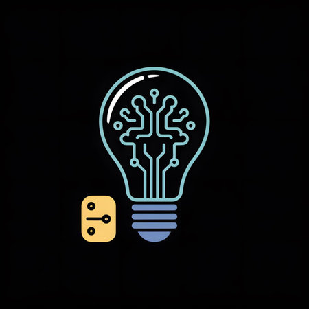 A teal lightbulb with a circuit board inside is depicted alongside a small yellow switch icon against a black background The style is simple and minimalist with clean lines and flat colorsのイラスト素材