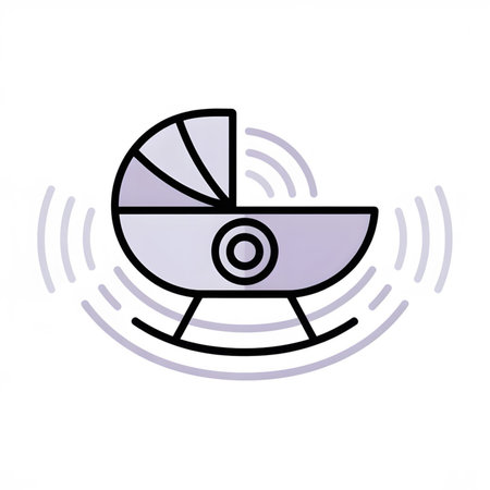 A simple line art illustration depicts a lavender-toned baby bassinet gently rocking.  The bassinet is outlined in black with a circular detail in the center.  The rocking motion is suggested by curved lines around the bassinet. The background is white.のイラスト素材