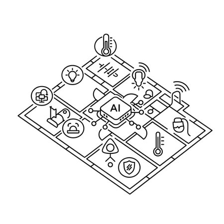 Isometric illustration depicting a smart home system network using thin black lines on a white background The central AI hub is connected to various sensors and devices including temperature sensors light bulbs and a security systemのイラスト素材