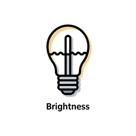 A simple line art illustration of a lightbulb with a bright yellow interior suggesting brightness The lightbulb is depicted in a minimalist style against a white background The word Brightness is displayed below the imageのイラスト素材