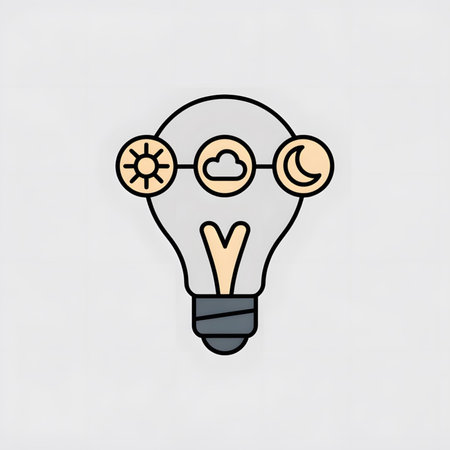 A light gray lightbulb icon with a sun, cloud, and moon symbol connected by thin lines.  The style is simple, flat, and minimalist with pastel beige and gray colors against a white background.のイラスト素材