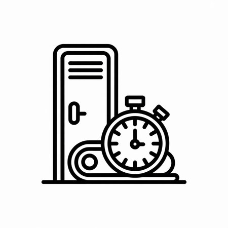 A black and white line art illustration shows a gym locker next to a stopwatch resting on what appears to be a treadmill belt. The style is simple and minimalist with bold outlines. The image evokes a sense of fitness and time management.のイラスト素材