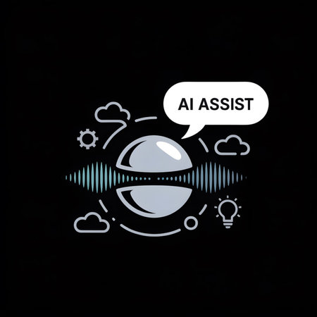 A light blue sphere is centrally positioned against a black background.  Sound waves emanate from its sides.  Surrounding the sphere are small icons: clouds, a gear, and a lightbulb. A speech bubble above reads AI ASSIST. The style is minimalist and graphic.のイラスト素材