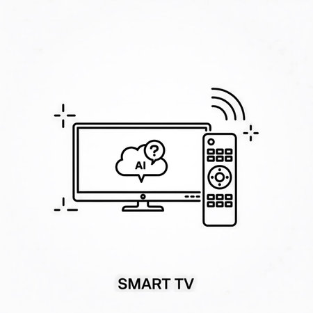 A minimalist line art illustration depicts a smart TV connected wirelessly to a remote control featuring AI cloud technology and a question mark suggesting user assistance The design uses simple black lines on a white backgroundのイラスト素材
