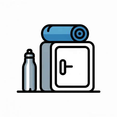 A minimalist vector illustration depicts a rolled blue yoga mat on top of a gray and white storage box alongside a silver water bottle. The style is simple line art with solid color fills.のイラスト素材