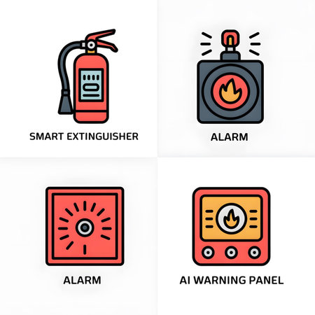 A set of four flat design line icons in red and black depicts components of a smart fire alarm system a smart extinguisher a square alarm a circular alarm and an AI warning panel.  The style is simple and clean.のイラスト素材