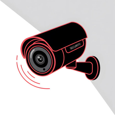 A black security camera with a red outline is shown mounted on a gray wall.  A red motion sensor icon is near the camera. The word SECURITY is visible on the camera body. The style is minimalist and flat.のイラスト素材