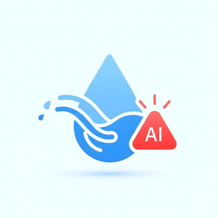 A stylized blue water drop icon features a wave design and is accompanied by a red AI alert triangle. The image is set against a light blue background. The style is minimalist and flat.のイラスト素材