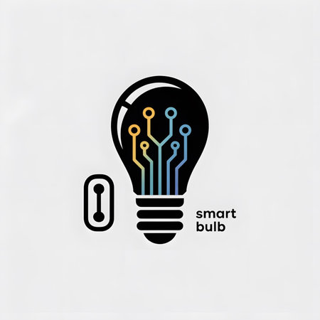 A black lightbulb icon features a multicolored circuit board design inside. A small black onoff switch graphic is shown to the left. The words smart bulb are displayed below the lightbulb. The style is minimalist and modern.のイラスト素材