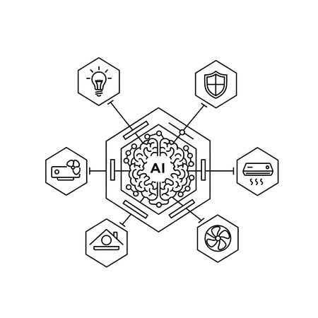 A black and white line art illustration depicts a central hexagon containing an AI brain connected to surrounding hexagons representing a lightbulb security system air conditioner home fan and air conditioning unit.  The style is simple and minimalist.のイラスト素材