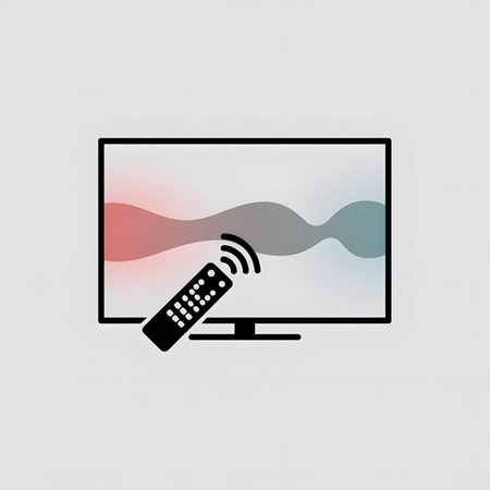 A black remote control is positioned near a flat screen television displaying an abstract wave...