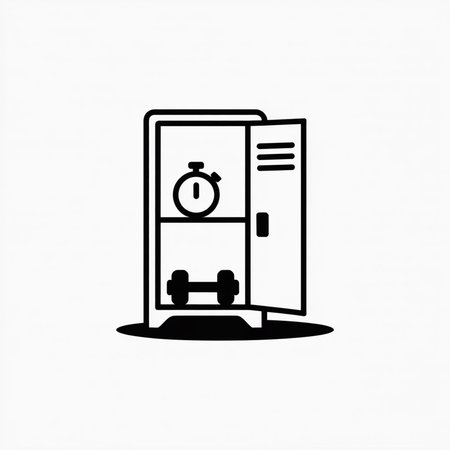 A simple black line art vector illustration shows an open gym locker with a dumbbell and stopwatch inside against a white background. The style is minimalist and clean.のイラスト素材
