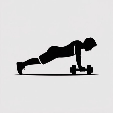 A minimalist black silhouette of a man performing a dumbbell plank exercise against a light gray background. The image is simple, clean, and features a single figure in a plank position with dumbbells. The style is minimalist and vector-based.のイラスト素材