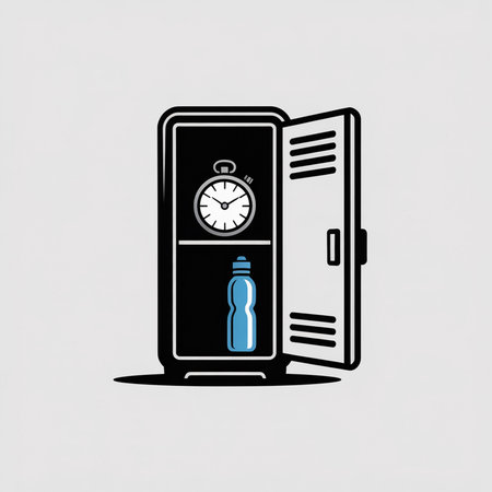 The image shows a simple vector illustration of an open gym locker against a light gray background. Inside the locker are a stopwatch and a light blue water bottle. The locker is dark gray with a light gray door. The style is minimalist and clean.のイラスト素材