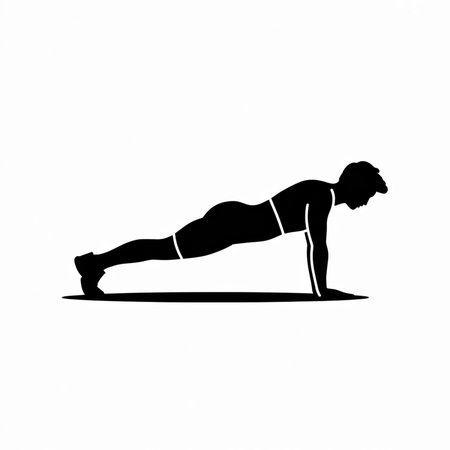 A minimalist black silhouette of a person performing a plank exercise against a white background. The image is simple and clean with a focus on the body's posture during the exercise. The style is flat and vector-like.のイラスト素材