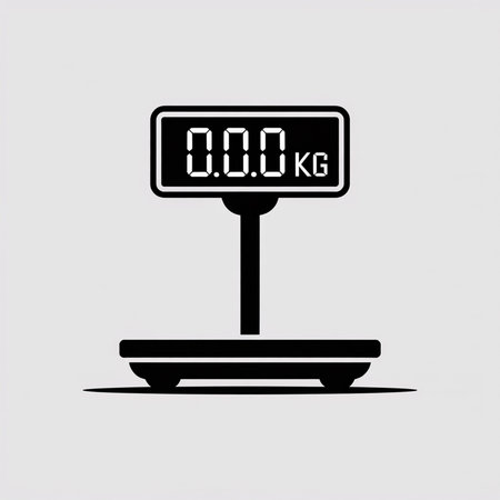 The image shows a simple black vector icon of a digital scale against a light gray background The scale displays 000 kg on a rectangular digital display The design is minimalist and flat with a clean aestheticのイラスト素材