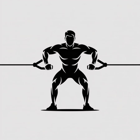 A minimalist black silhouette of a muscular man executing a cable face pull exercise is shown against a light gray background. The vector illustration features a simple yet bold design, emphasizing the man's physique and the exercise movement. The composition is centered and balanced, with a clear focus on the subject.のイラスト素材