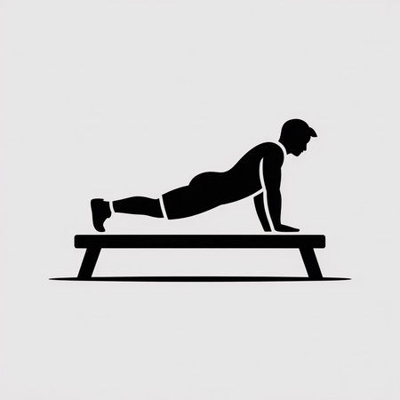 A minimalist black silhouette of a man performing incline push-ups on a simple bench against a light gray background. The image is a simple, flat design with no details or textures. The style is clean and modern.のイラスト素材