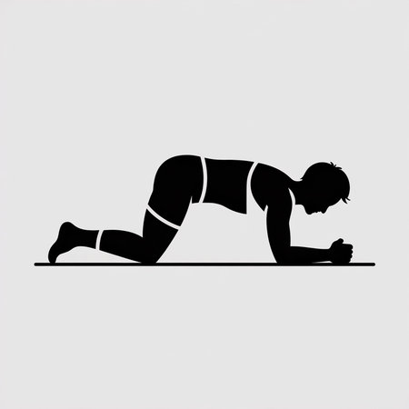 A minimalist black silhouette of a person performing a plank exercise against a light gray background. The image is simple, clean, and features a single figure in a side profile view. The style is minimalist and graphic.のイラスト素材