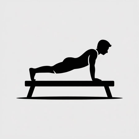 A minimalist graphic shows a black silhouette of a man performing a plank exercise on a simple black bench against a light gray background. The style is flat and monochrome, creating a clean and straightforward image.のイラスト素材