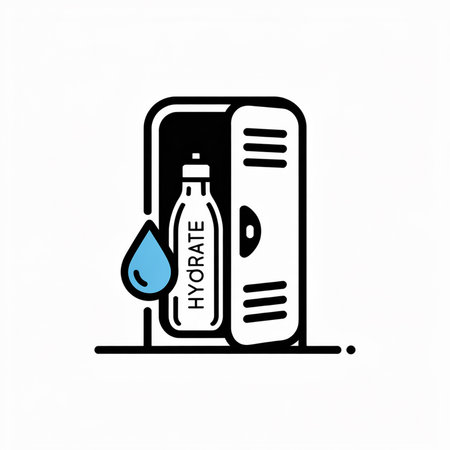 A simple vector illustration depicts a light gray locker with its door slightly open showcasing a water bottle labeled HYDRATE Inside a single light blue water droplet is positioned near the bottle The style is minimalist line art with bold black outlines against a white backgroundのイラスト素材