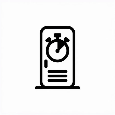 A minimalist black and white vector icon shows a stopwatch centered on a rectangular device with...