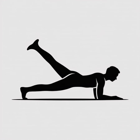 A minimalist vector illustration depicts a black silhouette of a person performing a single leg raise plank exercise against a light gray background. The style is simple and clean, focusing on the form of the exercise.のイラスト素材
