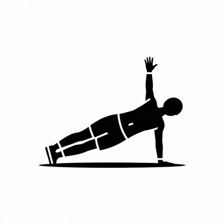 A minimalist black silhouette of a person performing a side plank exercise against a white background. The figure is depicted in a simple, clean style with one arm raised. The image has a strong graphic design aesthetic.のイラスト素材