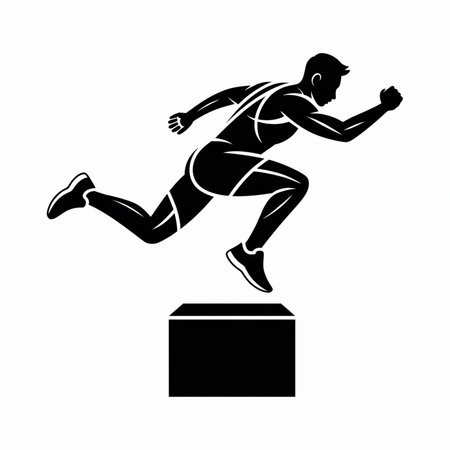 A black and white vector illustration depicts a male athlete in mid-air during a box jump exercise. The silhouette is detailed, showing muscle definition. The athlete is shown in motion, jumping over a black cube against a white background. The style is simple and minimalist.のイラスト素材