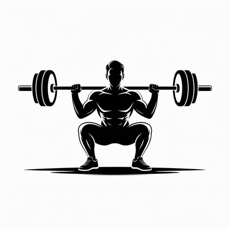 A vector illustration depicts a black silhouette of a muscular man executing a barbell back squat The image is minimalist using only black and white with a clean background The athlete's musculature is clearly defined emphasizing strength and athleticismのイラスト素材