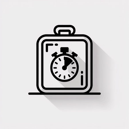 A minimalist vector illustration depicts a black line art stopwatch inside a square display against a light gray background. The stopwatch is partially shaded indicating time elapsed. A long shadow is cast below the square. The style is simple and clean.のイラスト素材