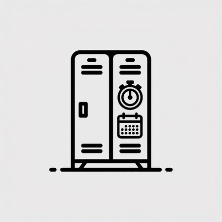 A simple black line art vector illustration depicts a gym locker with a stopwatch and calendar icon affixed to its surface against a light gray background. The style is minimalist and clean.のイラスト素材