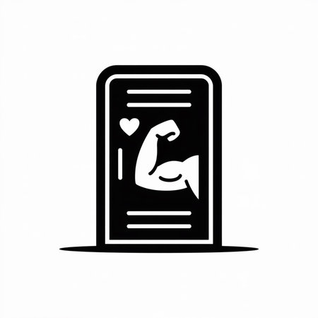 A simple black and white illustration shows a smartphone screen with a flexed bicep a heart and three lines The style is minimalist and flat with bold outlines and solid colors The image evokes a sense of fitness strength and social media engagementのイラスト素材