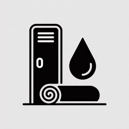 A simple black and white vector icon depicts a gym locker next to a rolled-up yoga mat and a water droplet. The style is minimalist and flat. The image conveys a sense of fitness and wellness.のイラスト素材