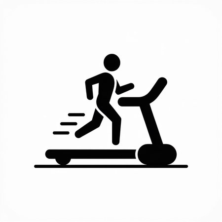 A minimalist black vector icon depicts a person running on a treadmill against a white background...