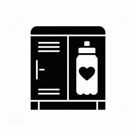 A simple black and white icon depicts a gym locker with a water bottle. The bottle has a heart shape...