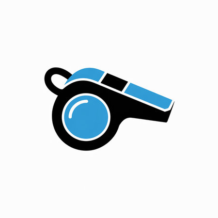 A simple vector illustration of a sports whistle The whistle is predominantly black with a bright blue mouthpiece and accents It is presented as a flat icon against a white background The style is minimalist and cleanのイラスト素材