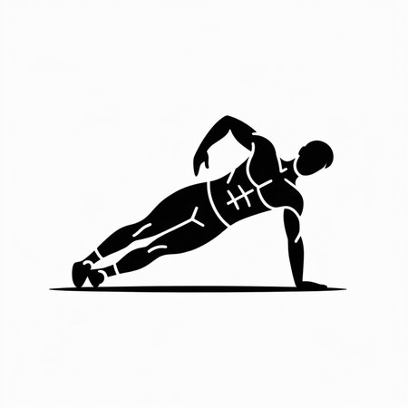 A black silhouette of a man performing a side plank exercise against a white background The illustration is minimalist and vector-based showing a muscular figure with defined abs The style is simple and cleanのイラスト素材