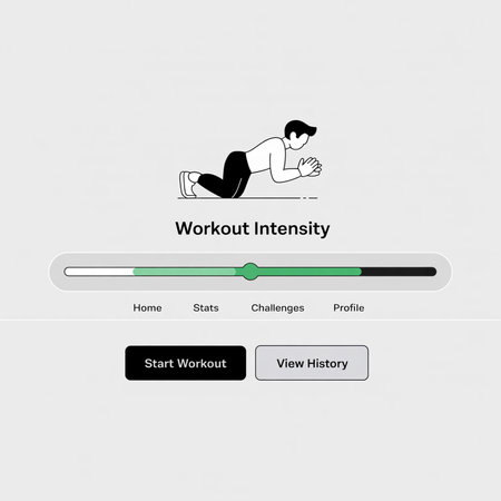 A clean fitness app interface features a simple line drawing of a man in a plank position above a...