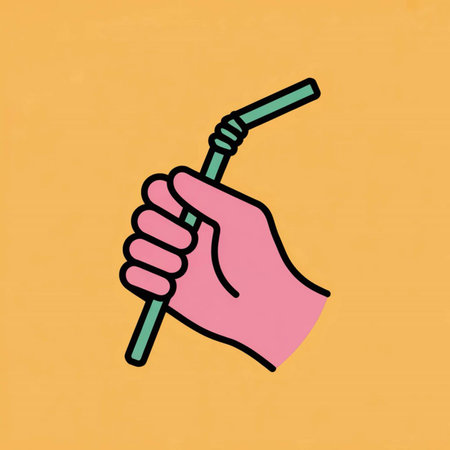 A minimalist illustration depicts a pink hand firmly grasping a teal green plastic drinking straw set against a solid mustard yellow backdrop. The style is simple and bold.のイラスト素材