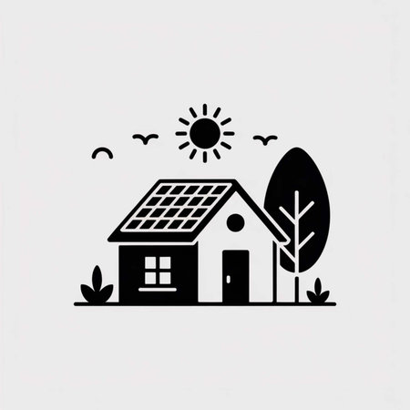 Simple black and white illustration depicting a house with solar panels on its roof next to a tree and birds under a sun. Minimalist style.のイラスト素材
